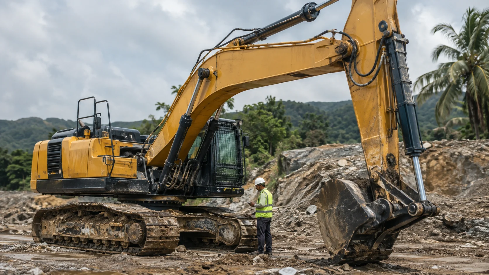Technician in a hard hat and hi-vis vest inspecting a yellow excavator at a quarry site