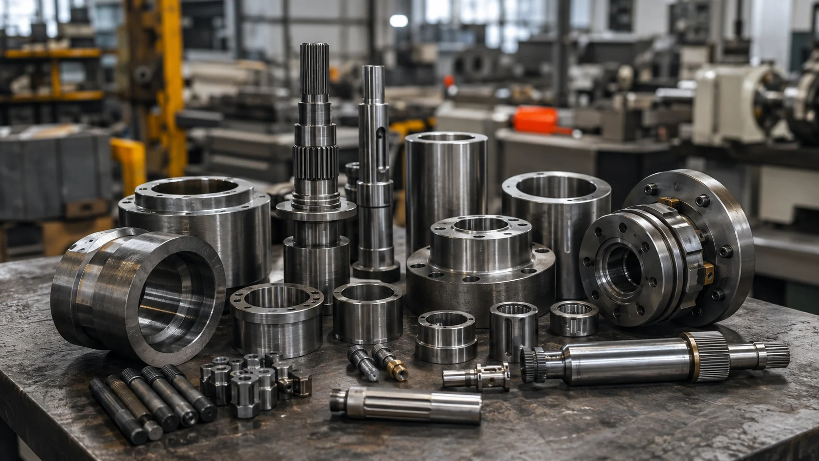 Industrial components — machined shafts, bushings, flanges and couplings arranged on a workshop table