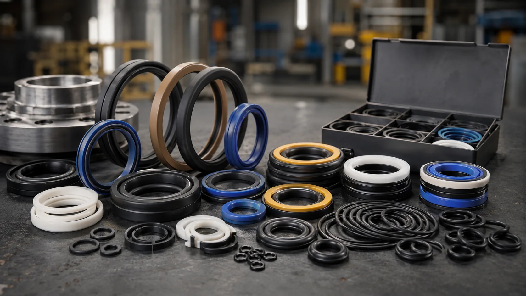 Sealing products range — O-rings, piston seals, rod seals, wipers and a seal kit case laid out on a workshop floor