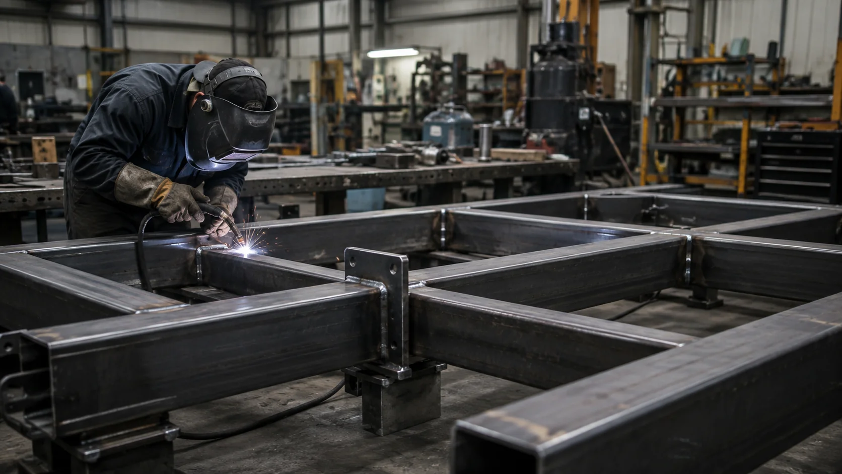 Technician welding a steel support framework in the workshop