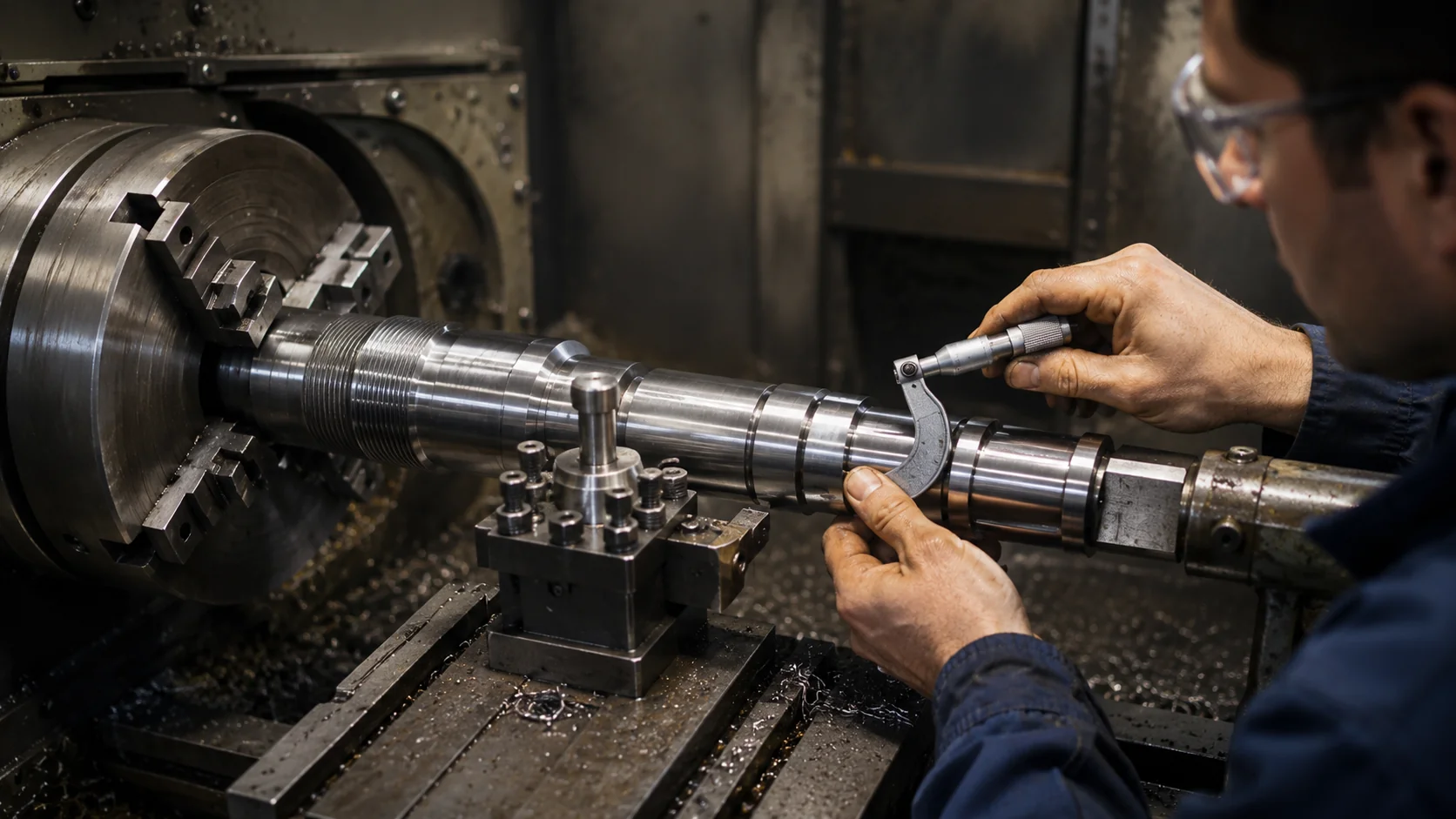 Technician measuring a machined shaft with a micrometer on a lathe