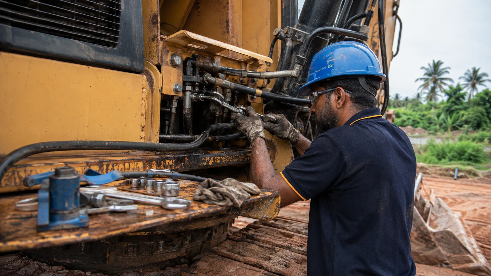 Technician in a blue hard hat repairing the hydraulic hose block on an excavator on site, palm trees in the background