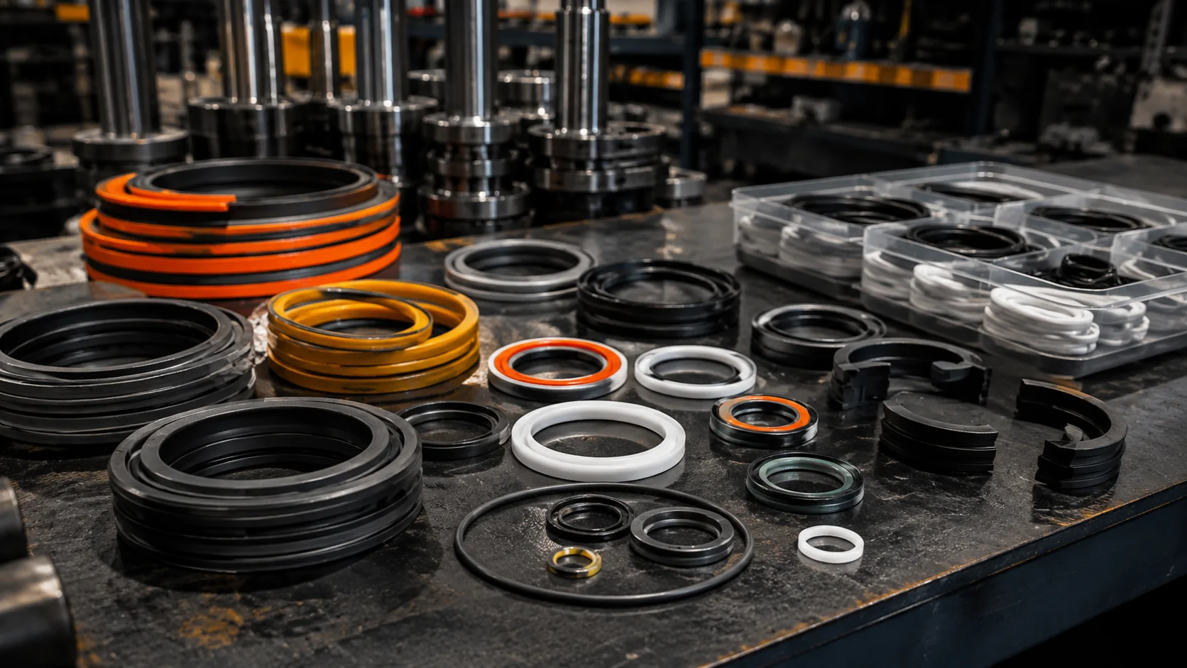 Assortment of hydraulic seals, O-rings, wipers and seal kits in orange, yellow, black and white laid out on a workbench