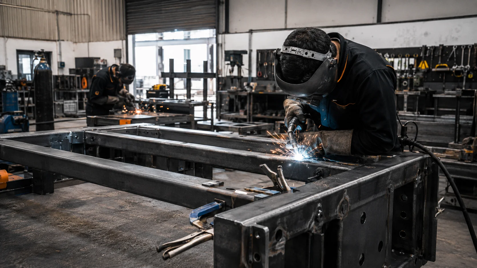 Technician welding a steel structural frame in the workshop, with a second welder working in the background